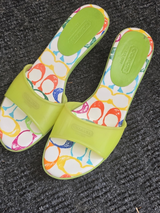 Coach Shoes - Coach Neon Lime Single-Band Slide Sandals with Colorful Printed Insole